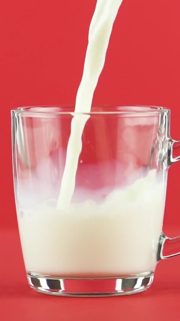 Вертикальное видео Медленное движение крупным планом снимок холодного молочного напитка холодного дневника в стеклянную кружку с округлым красным фоном в студии — стоковое видео