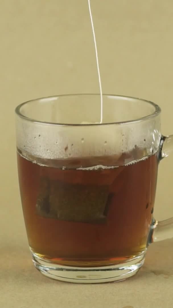 Vertical video black tea bag lifting and dropping into glass transparent mug to brew tea isolated on beige background slow motion close up — Stock Video