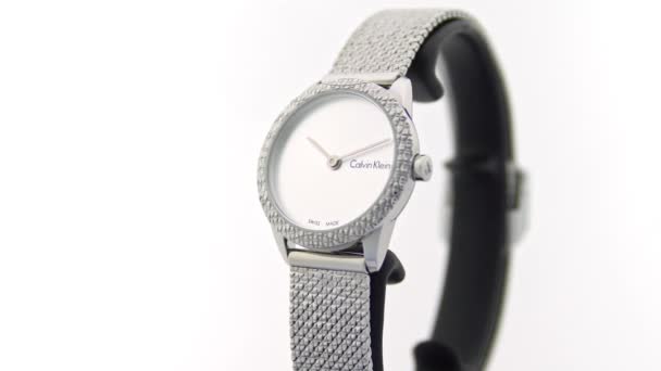 London, UK, 01.11.2020: Calvin Klein womens fashion watch rotating on stand — Stock Video