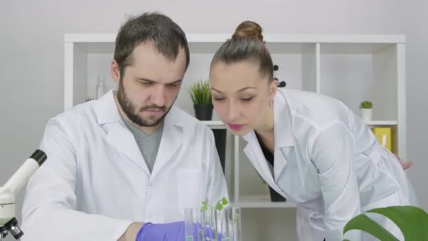 Dos estudiantes de bioquímica en laboratorio realizan investigación científica en biotecnología — Vídeo de stock