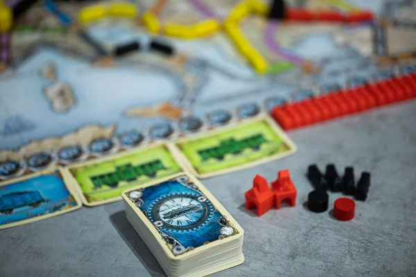 London, GB 11.02.2021 - Close-up map and elements of Ticket to Ride board game — 图库照片