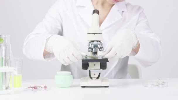 Dermatólogo trabaja con microscopio investigando producto de cuidado de la piel a base de plantas — Vídeos de Stock