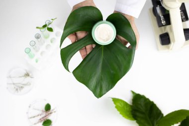Beyaz laboratuvar arka planında yeşil yapraklı krem test tüpleri ve mikroskop.