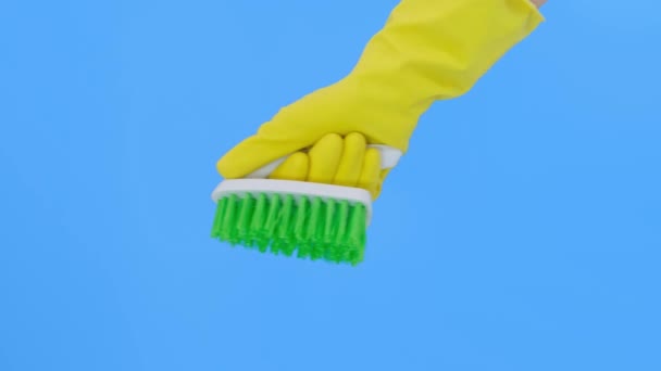 青の背景に緑のブラシを示す黄色の手袋の手,カーペットを掃除し、ブラッシング,それから汚れやウールを除去し、ルーチンの宿題の概念を行う — ストック動画