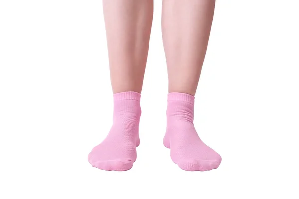 Жіночі Ноги Рожевих Смугастих Бавовняних Шкарпетках Класичного Стилю Еластичною Смугою — стокове фото