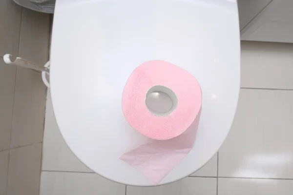 Pink Piece Toilet Paper Standing Cover Toilet Bowl Top View — Stock Photo, Image