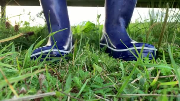 Nohy člověka v modrých gumových botách sedí na lavičce v létě na venkově, zelená tráva je všude — Stock video