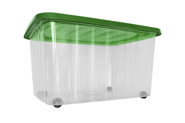 Ein Transparenter Großer Tragbarer Plastikbehälter Aufbewahrungsbox Auf Rädern Mit Grünem — Stockfoto