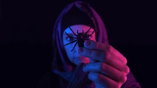 Čarodějnice Držící Pavouka Ruce Tvořící Kouzlo Čarodějnictví Bylinkami — Stock video