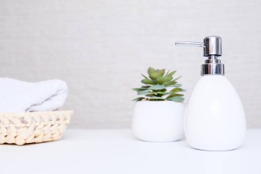 Pastel renkler, gri sabun makinesi, beyaz havlu ve kaplıca, vücut ve yüz bakımı için saksı bitkisi..