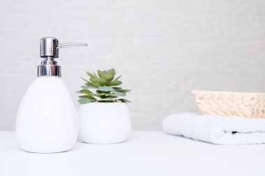 Pastel renkler, gri sabun makinesi, beyaz havlu ve kaplıca, vücut ve yüz bakımı için saksı bitkisi.