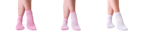 Beautiful female woman legs in cotton cozy socks of white and pink color isolated on white, banner for web, warm natural organic hosiery — Stock Photo, Image