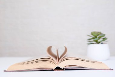 Aşk kitapları ve okuma konsepti, kitap sayfaları kopya alanı ile kalp şeklinde katlanmış.