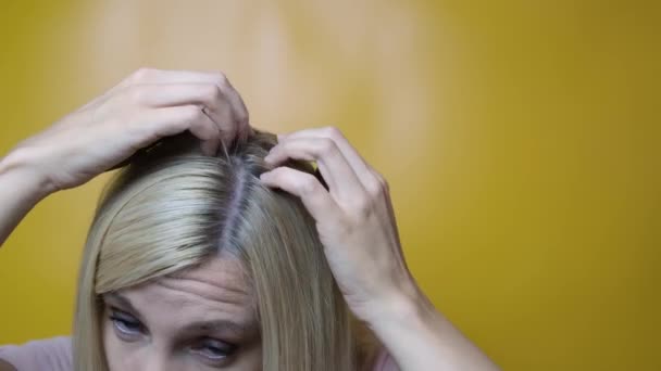 Une femme blonde vérifiant ses cheveux tout en regardant dans un miroir sur fond jaune, cheveux gris ou concept de perte de cheveux — Video