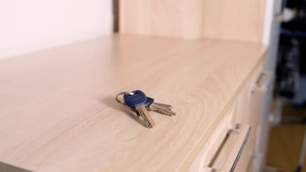 Nierozpoznawalna osoba trzymająca klucze w domu, opuszczająca dom i zabierająca klucze, koncepcja bezpieczeństwa domu — Wideo stockowe