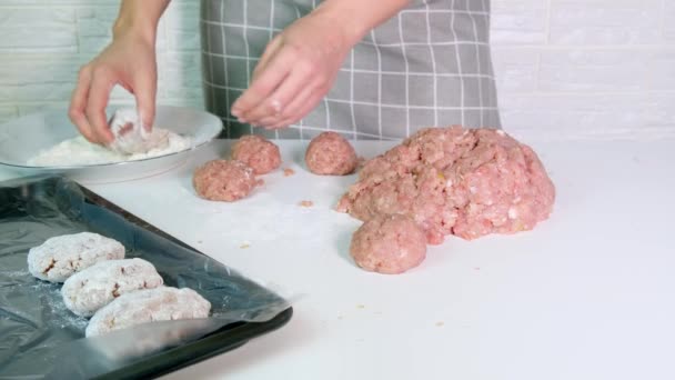 Processen för matlagning kotletter, köttbullar i köket från malet fläsk, kvinna gör lösa ämnen och halvfabrikat för frysning — Stockvideo