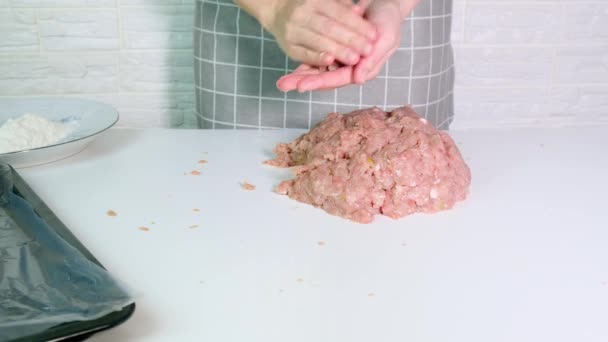 Proses memasak potongan daging, bakso di dapur dari daging babi cincang, wanita membuat kosong dan setengah jadi produk untuk pembekuan — Stok Video