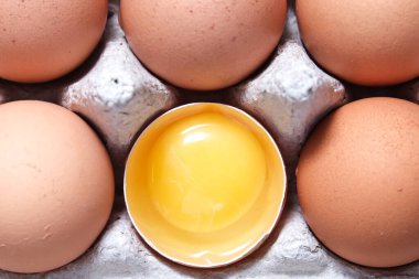 Sarı sarısı olan kahverengi bir tavuk yumurtası diğer yumurtaların yanında karton bir tepside kırılır.