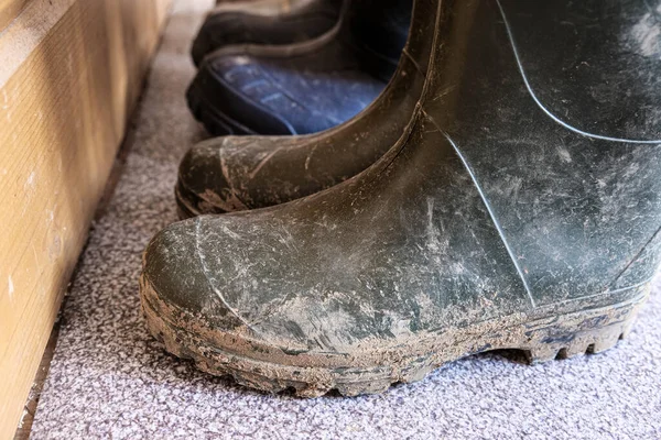 Fila de botas de borracha sujas lamacentas na frente de uma parede de madeira — Fotografia de Stock