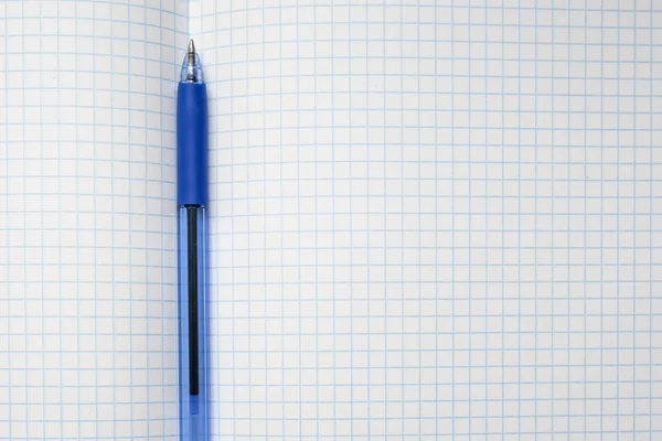 Stylo Bille Bleu Couché Sur Une Feuille Carnet École Carreaux — Photo