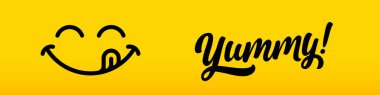 Dil yalama ile nefis bir gülümseme, lezzetli bir yemek vektör logosu. Lezzetli bir gülümseme ya da leziz bir dil yalayan leziz bir yüz ağız.