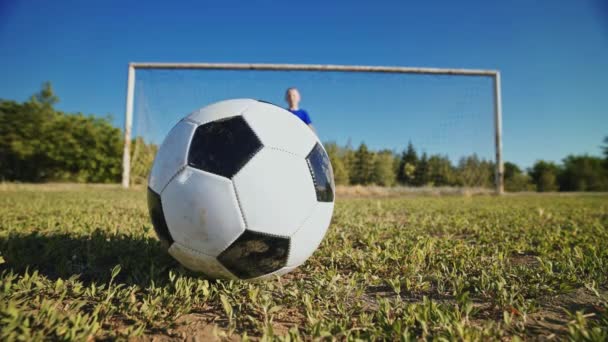Young Goalkeeper Ball His Foot Goal Post Boy Football Uniform — Stock Video