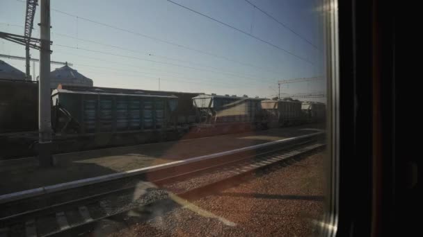 Goederenwagens Uit Het Raam Van Rijdende Trein Goederenwagons Een Station — Stockvideo