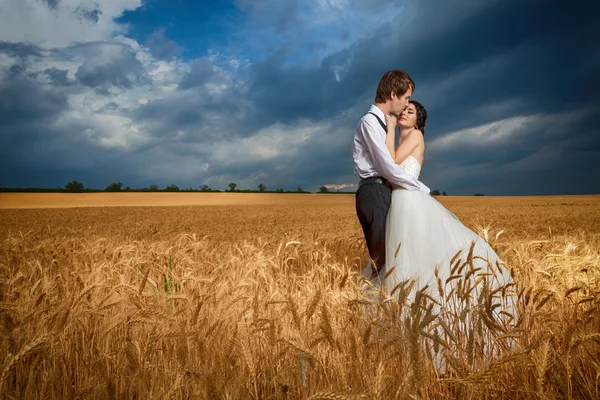 En couple amoureux dans le champ de blé avec ciel bleu dramatique — Photo