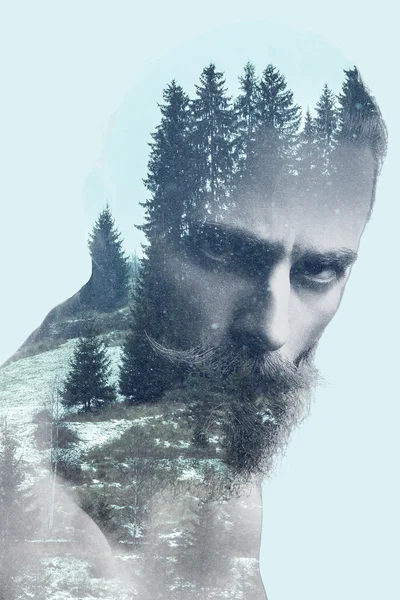 Bearded guy in double exposure photo of mountains — Stock Photo, Image