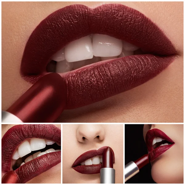 Collage of close up lips applying lipstick — Stock Photo, Image