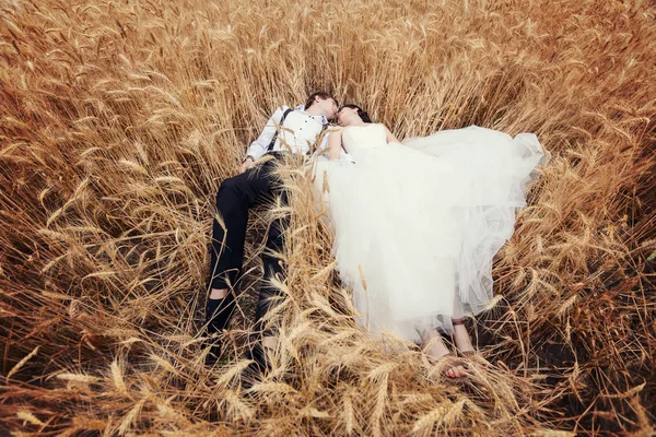 ちょうど麦畑の横になっている新郎新婦を結婚 — ストック写真