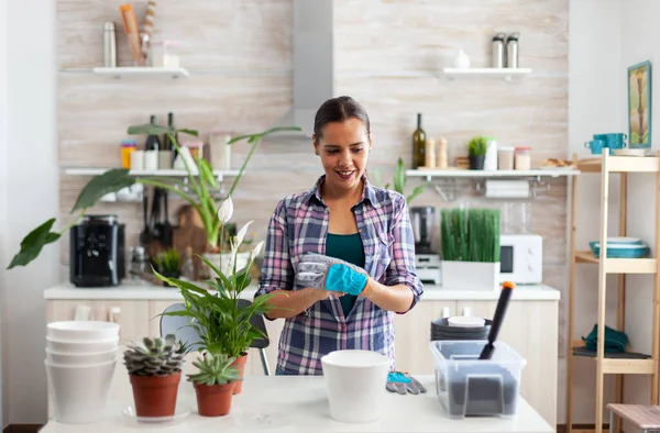 Woman house gardening in kitchen — Stock Photo, Image