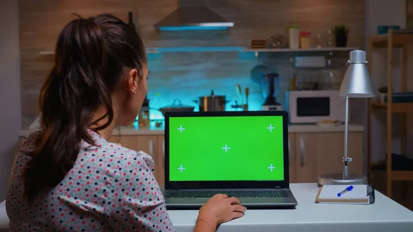 Donna guardando computer portatile con mockup verde — Foto Stock