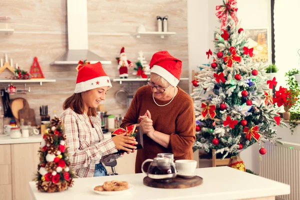 Avó alegre e sobrinha desfrutando celebração de Natal — Fotografia de Stock