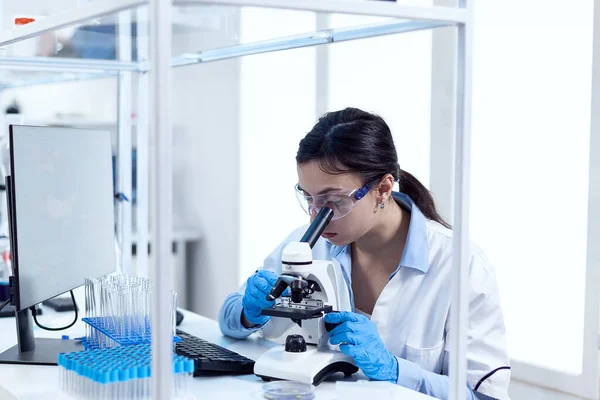 Scientist in laboratory doing research looking through microscope — Foto de Stock