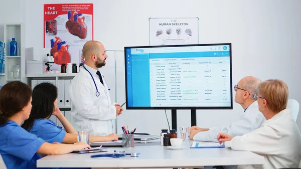 Specialist doctor presenting to colleagues the waiting list of patients