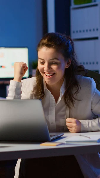 Excited woman winner looking at laptop celebrate online win success — Stock Photo, Image