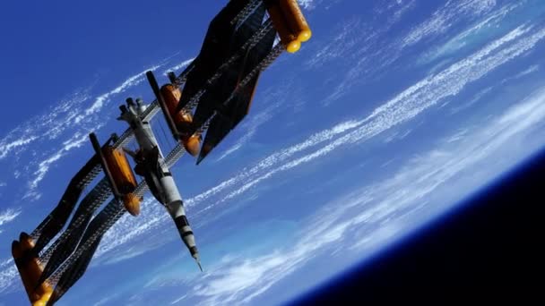 Spacecraft docking on spacestation at the earth orbit — Stock Video