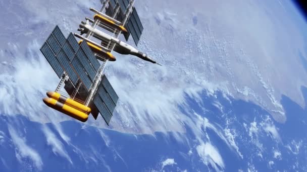 Wissenschaftsraumschiff schwebt in der Nacht über der Erde unter Sternen — Stockvideo