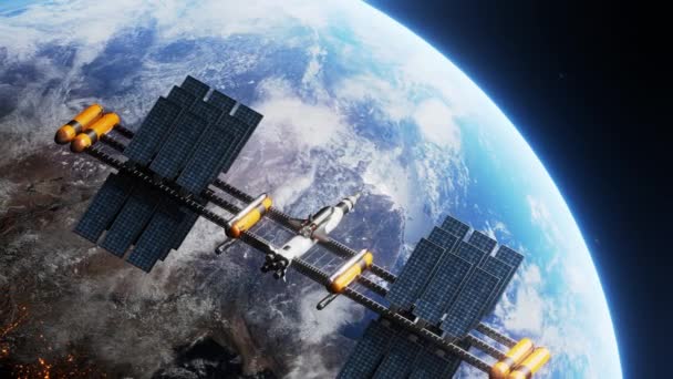 Transbordador espacial y estación espacial orbitando tierra realista — Vídeos de Stock