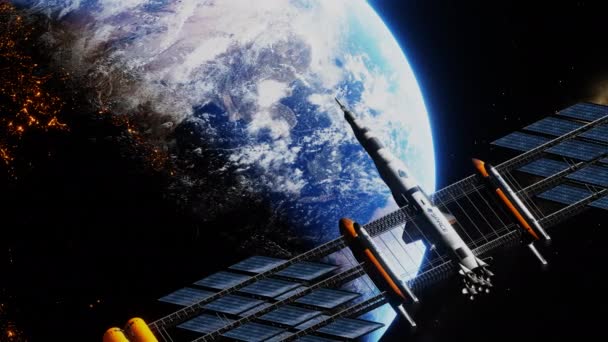 Weather space satellite monitoring earth from orbit floating above the planet. — Stock Video