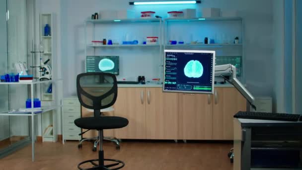 Laboratório vazio com ninguém nele, preparado para a inovação neurológica — Vídeo de Stock