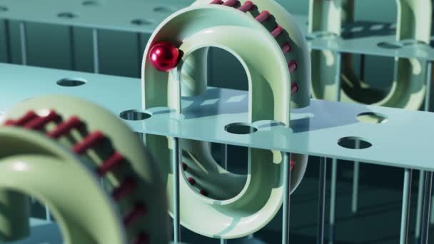 Pelotas rojas moviéndose en maquinaria de fábrica futurista — Vídeos de Stock