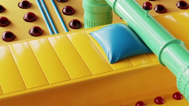 Coloridos juguetes abstractos futuristas fábrica con maquinaria amarilla de trabajo — Vídeos de Stock