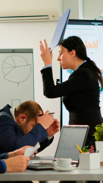 Angry manager woman arguing disagreeing about bad business contract