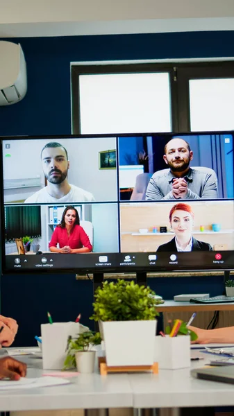 Team working by group video call share ideas brainstorming negotiating use video conference — Stock Photo, Image