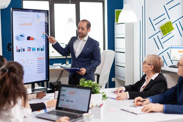 Business partner presenting company strategy to diverse team