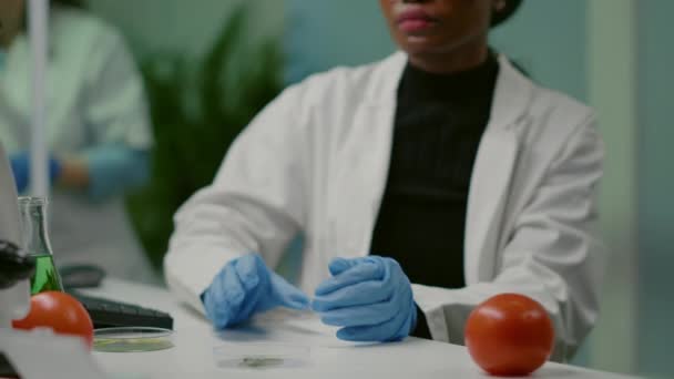 Närbild av afrikansk forskare tittar på petriskål med gröna blad — Stockvideo