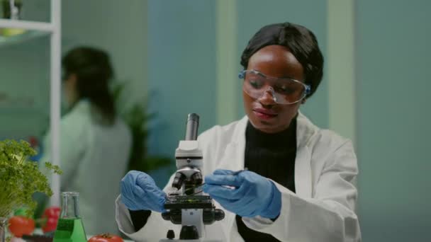 Retrato del científico tomando muestra de hoja con micropipeta poniendo en diapositiva — Vídeos de Stock