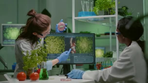 Biologi che parlano di campioni vegani di carne che controllano le competenze biochimiche — Video Stock